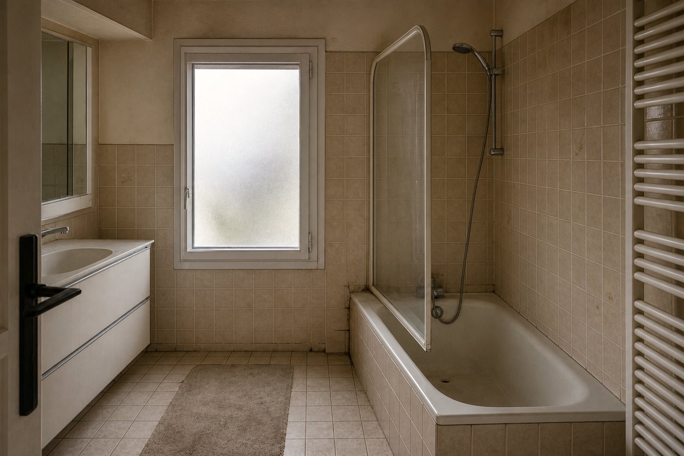 Salle de bains avant travaux, avec une baignoire à enjamber