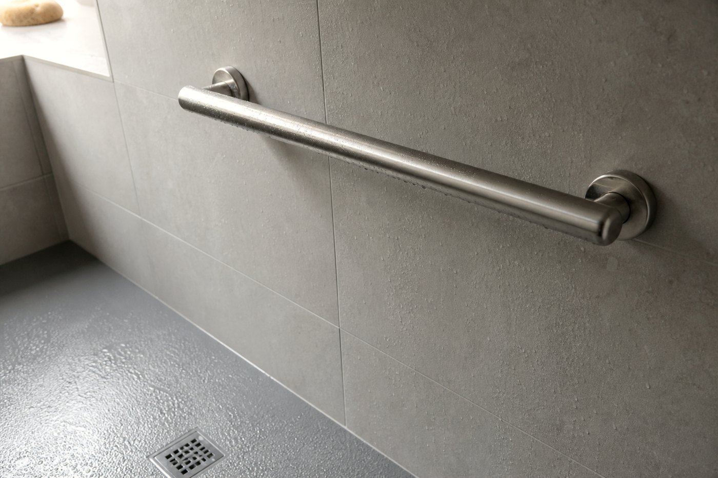Barre d'appui en inox fixée sur un mur carrelé, sol antidérapant