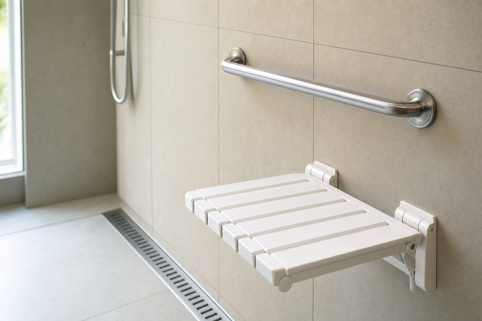 Barre d'appui et siège relevable dans une douche terminée