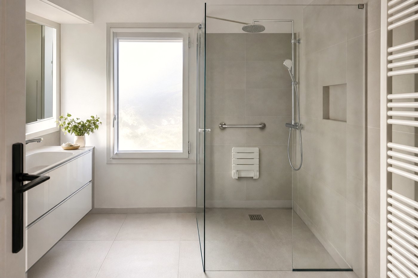 La même salle de bains après travaux, avec une douche de plain-pied