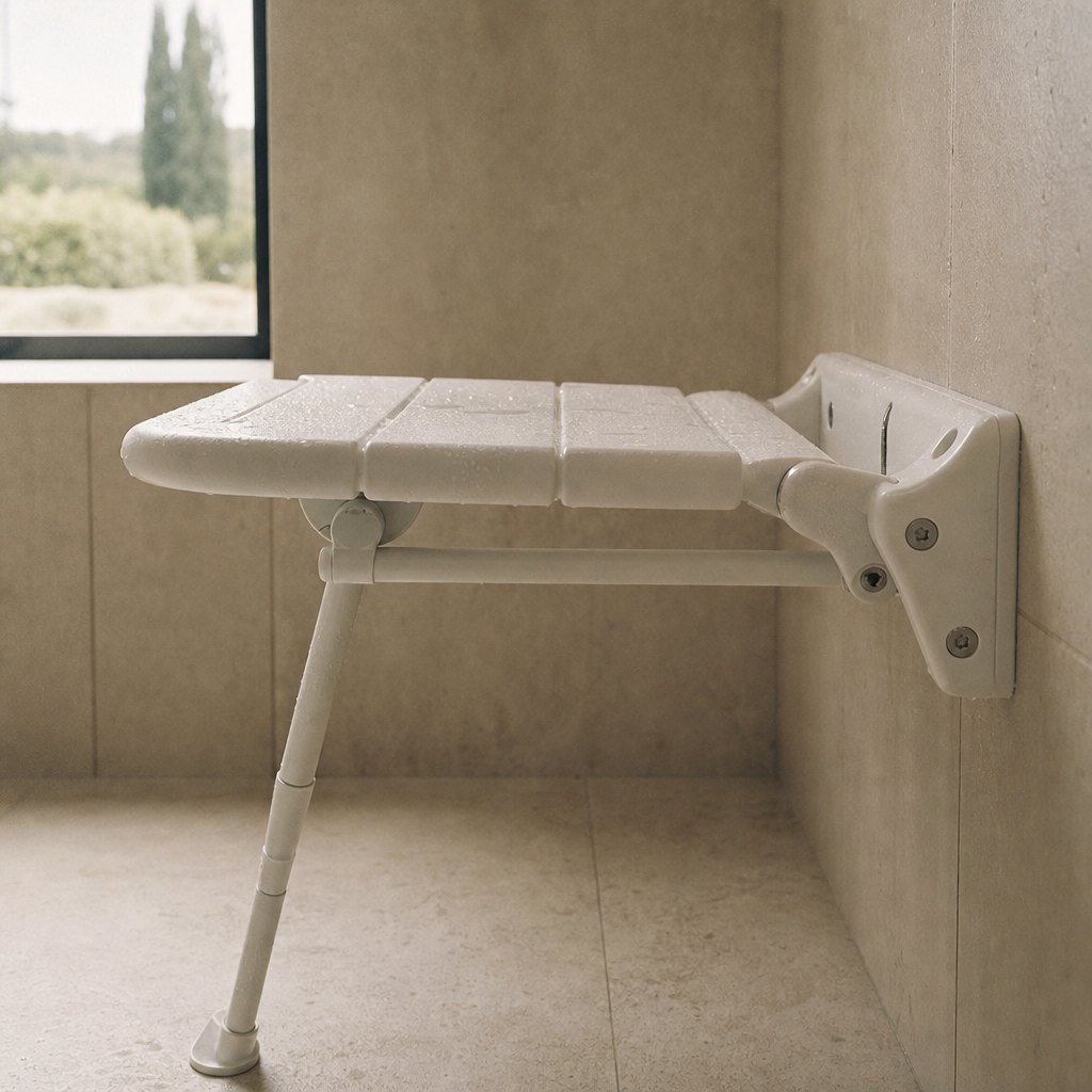 Siège de douche relevable, platine murale et jambe de force